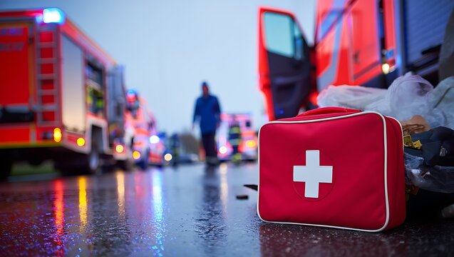 Red first aid kit on debris covered road at disaster scene, emergency responders and vehicles assisting injured victims during urgent rescue operation at dusk.