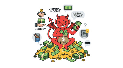 Obraz premium Flat vector illustration depicting dishonest earnings, featuring a devil clutching money and symbolizing criminal income, theft, bribery, illicit proceeds, and illegal deals, with a demon perched on