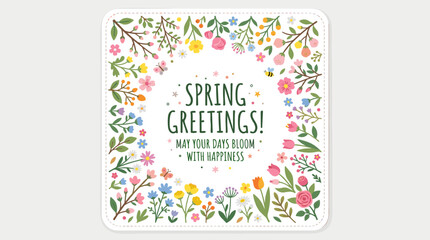 Naklejka premium A flower card design featuring spring floral plants with blooming branches on a square postcard, set against a botanical frame background filled with beautiful blossoms, delicate field sprigs, and