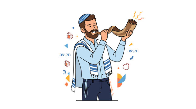 A contemporary Jewish man depicted in a flat vector illustration, blowing a colorful Shofar while wearing a kippah against a white background
