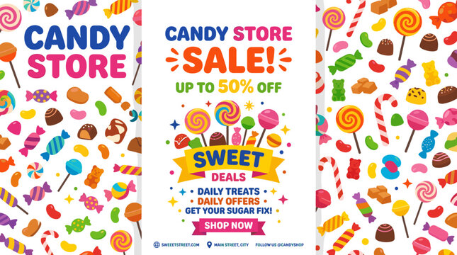 Poster template for a candy shop featuring lollipops, sugar snacks, bonbons, and caramels on a background; a vertical sale card design for a sweet shop with flat vector illustration