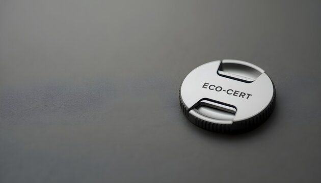 A close-up view of an eco-certified product label on a sleek gray surface
