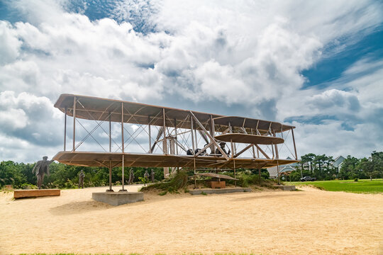 First in the sky. Wright Brothers National Memorial. The first airplane. A center of attraction for tourists.