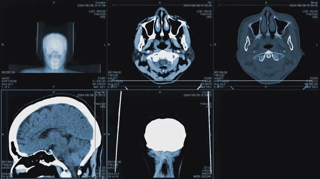 Magnetic resonance images of the head, MRI of the brain, side and top viev of a patient with multiple vascular infarctions, monochrome animation Seamless Loop