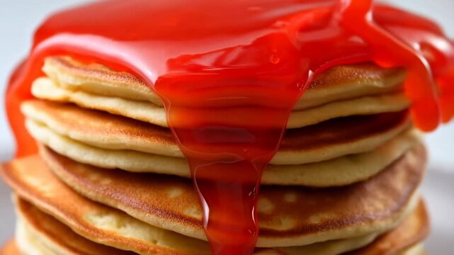 Slow motion close up of stack of pancakes with red syrup pouring and dripping over plate in kitchen studio tabletop setting