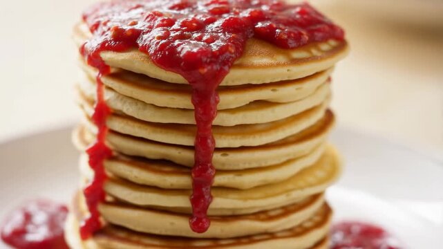 Slow motion tracking pan dolly shot of pancakes stack with red sauce dripping down plate on kitchen countertop closeup morning breakfast scene