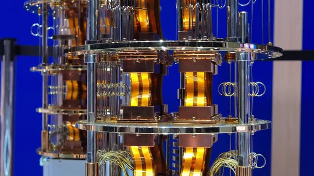 Futuristic quantum PC computer close up, concept qubits and quantum circuits. Powerful supercomputing technology data processing, innovation, deep tech and the future of supercomputer, close up of pc.