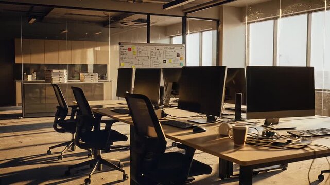 Sunlit modern workspace with workstations left vacant after unexpected business closure.