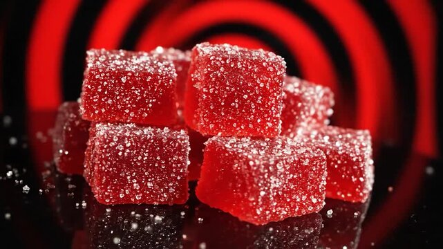 Sweet red sugar-coated fruit jellies stacked on a dark surface