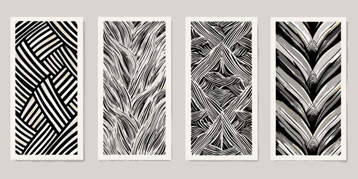 Four abstract black and white line art panels with varying textures
