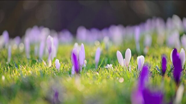 Blooming crocuses in sunny forest clearing, springtime nature beauty, cinematic 4K slow motion