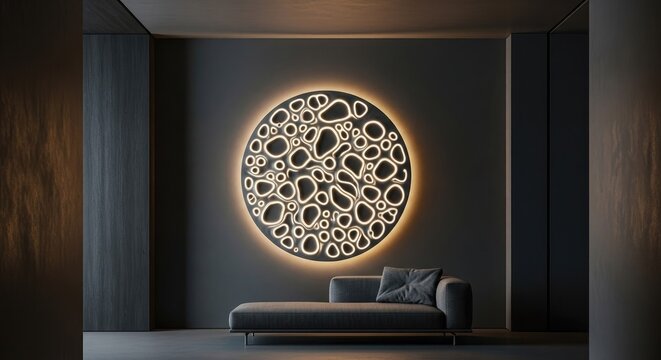 Modern abstract illuminated wall art above couch in contemporary interior
