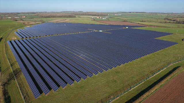 Aerial view of Tiln Farm solar array and agrivoltaics in Nottinghamshire UK