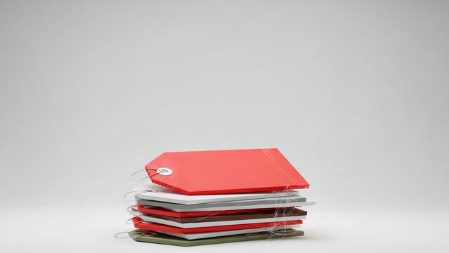 A neatly arranged stack of colorful folders tied together with a tag on top