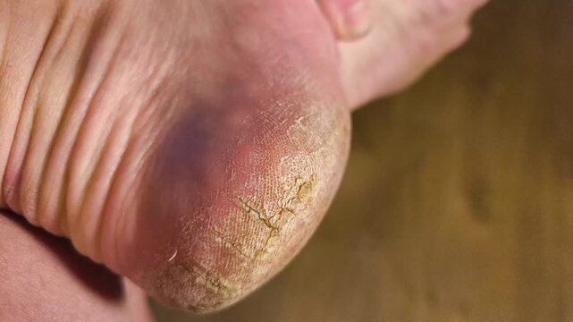 Authentic real life extreme close-up of a dry severely cracked heel on an elderly person foot dermatology healthcare and medical foot care problem real footage no ai