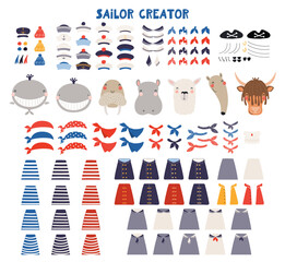 Fototapeta premium Cute sailor character creator, isolated illustration collection. Whale, walrus, hippo, llama, anteater, bison animals. Nautical clothes, accessory. Kid design element, clip art Hand drawn vector