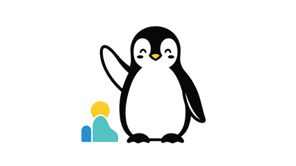 Obraz premium Friendly cartoon penguin character waving its wing with a happy smiling face next to small blue and yellow ice shapes on white background.