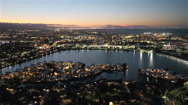 Foster City CA - Aerial View of Leo J Ryan Park and Shopping Center at Dusk Blue Hour on Nice Day