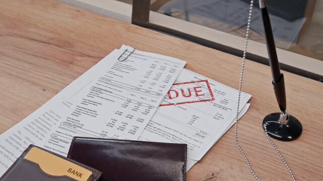 High angle no people close up shot of wooden counter with stack of documents, passport, small wallet with bank card, and pen on stand with chain in bank