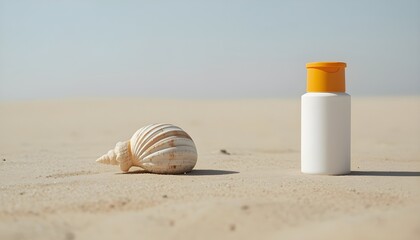 Obraz premium A bottle of sunscreen and a seashell on a sandy beach with a clear blue sky