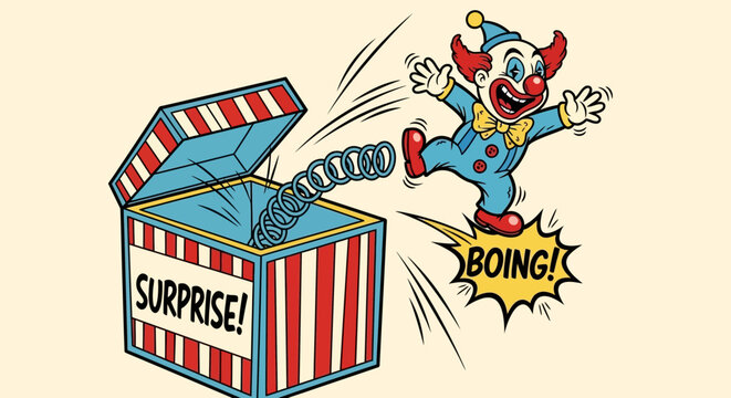 Clown jumping out of box.