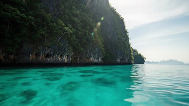 Serene Island Escape: The turquoise sea meets a rugged, verdant cliff face under a bright sky. A tranquil scene evoking peace and the allure of natural beauty.