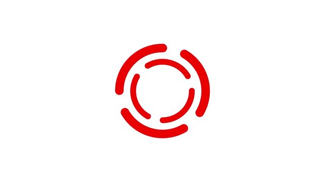 A simple red graphic of concentric broken circular shapes on white