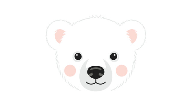 Close up portrait of an adorable cartoon polar bear head with soft white fur and rosy pink cheeks on a white background.