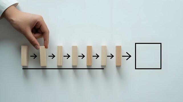 Hand Moving Blocks in Sequential Arrow Direction Toward Empty Square, Process Flow Optimization, Workflow Planning, Business Strategy Steps, Goal Achievement and Task Progression