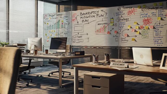 Desks and computers sit unused while a whiteboard shows a bankruptcy mitigation plan in a sunlit office.