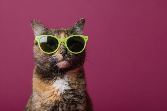 Tortoiseshell cat centered with green sunglasses on magenta background full face portrait confident stance playful pet fashion studio lighting vivid backdrop