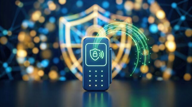 Medium shot of a digital payment terminal icon with a highlighted flow of approval response lines moving towards a secure issuer emblem background deliberately soft.