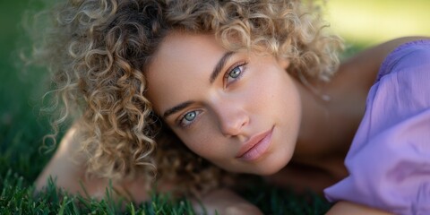 Naklejka premium Young caucasian female closeup portrait with curly blonde hair on grass in a lavender dress blue eyes sunlight relaxed natural beauty serene gaze