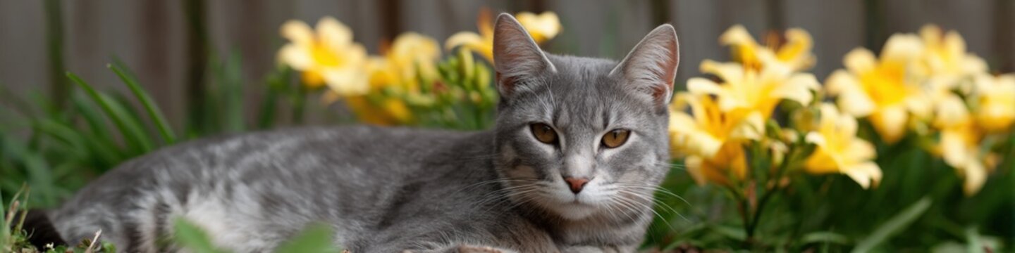 Gray tabby cat sitting among yellow blooms in a backyard garden closeup facing camera with alert eyes and subtle stripes summer light