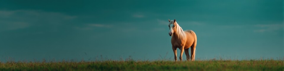 Fototapeta premium Palomino horse lone in grassy meadow under teal sky at sunrise calm pastoral landscape golden stallion standing on horizon