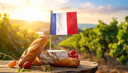 Fototapeta premium French Countryside Charm with Baguette Brie and Grapes at Sunset Flag of France in the Vineyard.