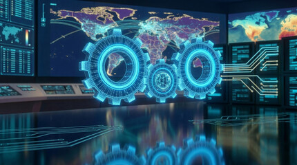 Obraz premium Three luminous blue holographic gears interlock in a futuristic data center or control room, overseeing global data and technological operations.