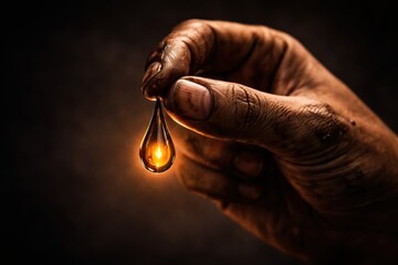 Last drop of glowing oil symbolizing energy crisis dark environment close-up photography scarcity concept