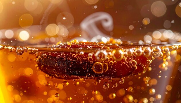 Aromatic Herbal Elixir for Wellbeing and Mindfulness in a Glass with Bubbles and Steam.