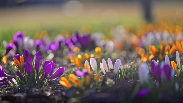 Colorful crocus flowers blooming in sunlight, spring inspiration, soft nature background, 4K slow motion
