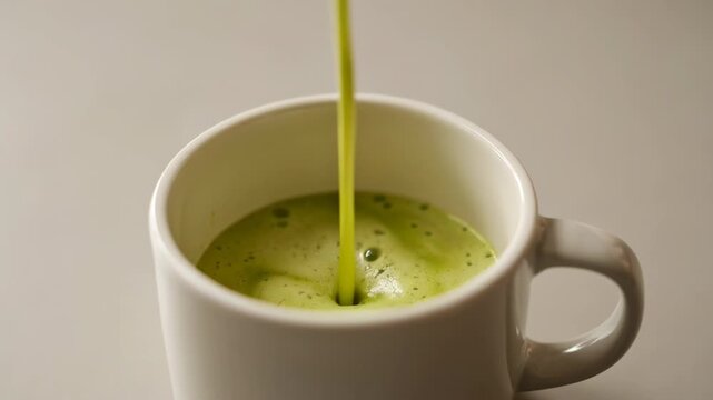 Creamy green pistachio latte pouring into a white ceramic mug on a light background for a refreshing treat