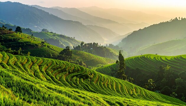 Lush Green Rice Terraces Under a Warm Morning Glow Mountainous Landscape with Winding Rows of Crops.