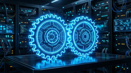 Obraz premium Two glowing blue holographic gears interlock in a futuristic data center with servers and illuminated screens creating a concept of advanced technology and mechanics.