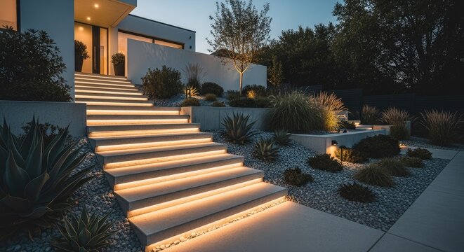 Modern home exterior illuminated staircase and landscaping at dusk