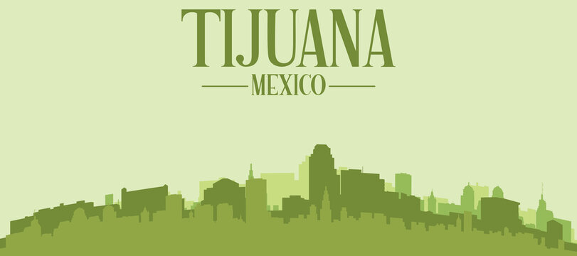 Green panoramic poster of the city skyline with solid background buildings on a hilly terrain of TIJUANA, MEXICO