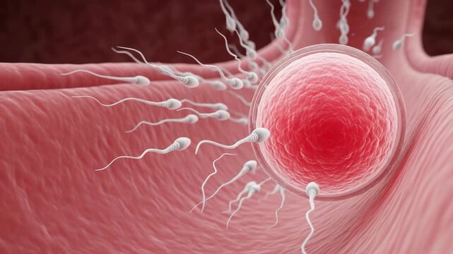 Conception: A microscopic view of an egg cell with sperm cells attempting to penetrate the egg for the purpose of fertilization and conception. A vibrant illustration about the cycle of life