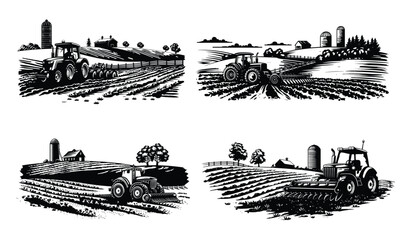 Fototapeta premium black and white tractor plowing field rural farm landscape vector illustration