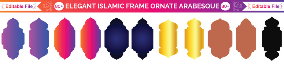 Ramadan ornament set with golden arch frames in various traditional styles. Islamic geometric patterns in decorative windows for holiday greeting cards and cultural event backgrounds on deep blue. © Ragena