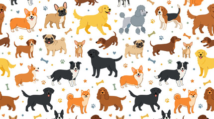 Fototapeta premium A continuous pattern featuring companion dogs of various breeds against a white backdrop, showcasing humorous purebred pets of multiple types in a flat cartoon vector style suitable for wallpaper and