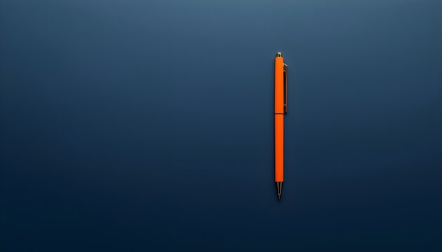 A vibrant orange pen standing alone on a dark blue background